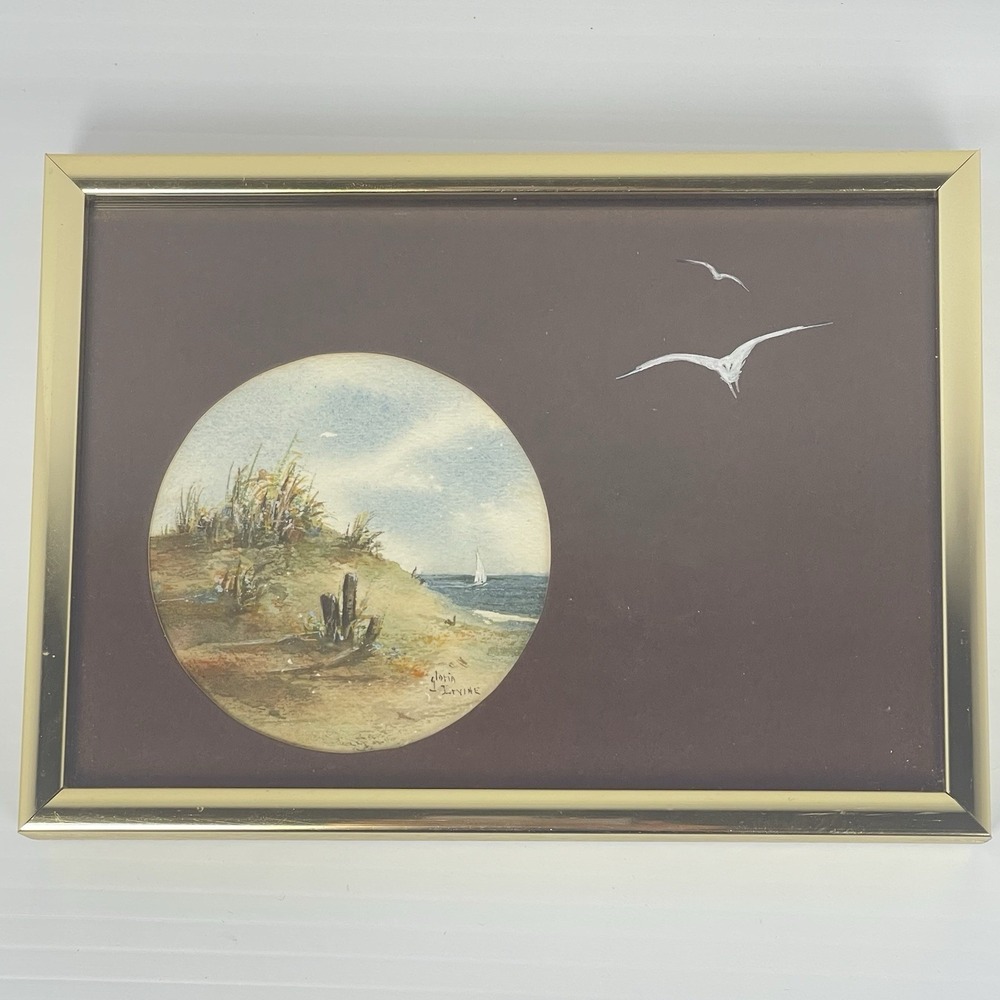 Original Signed Gloria Irvine Small Framed Watercolor Beach Scene Boat W/ Birds